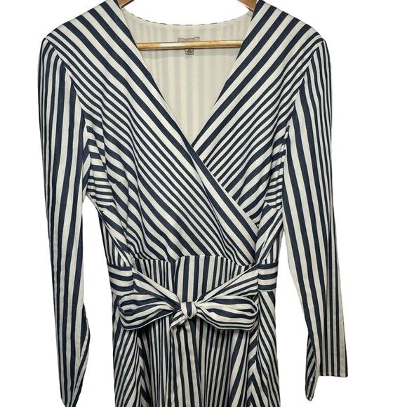 Cremieux Long Sleeve Shirt Dress Navy Ivory Striped Tie Front Women's Size 14 - Picture 2 of 10